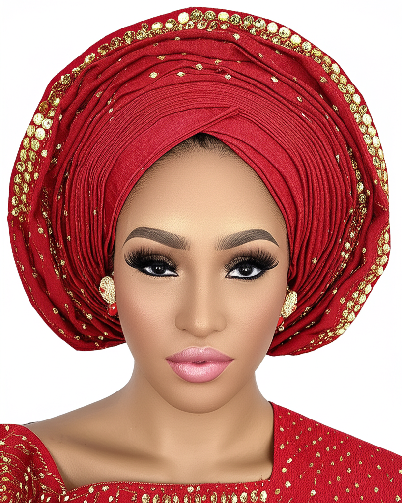 Red Gele with Gold Accents